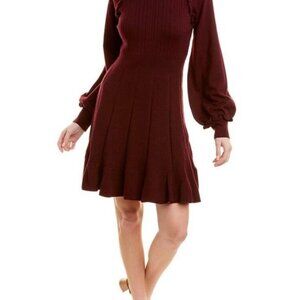 Lela Rose Women's Burgundy  Ruffles Sweater Lux Dress Sz M- New!